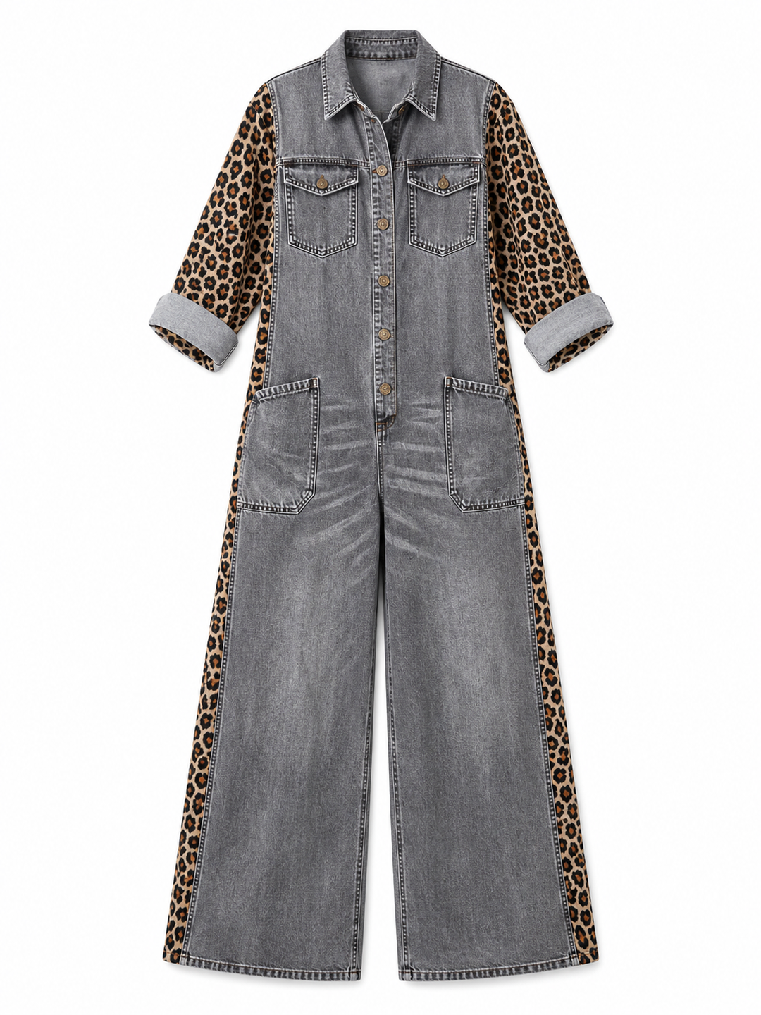 Yasmeen - Leichter Jeans Jumpsuit Mit Leopardenmuster