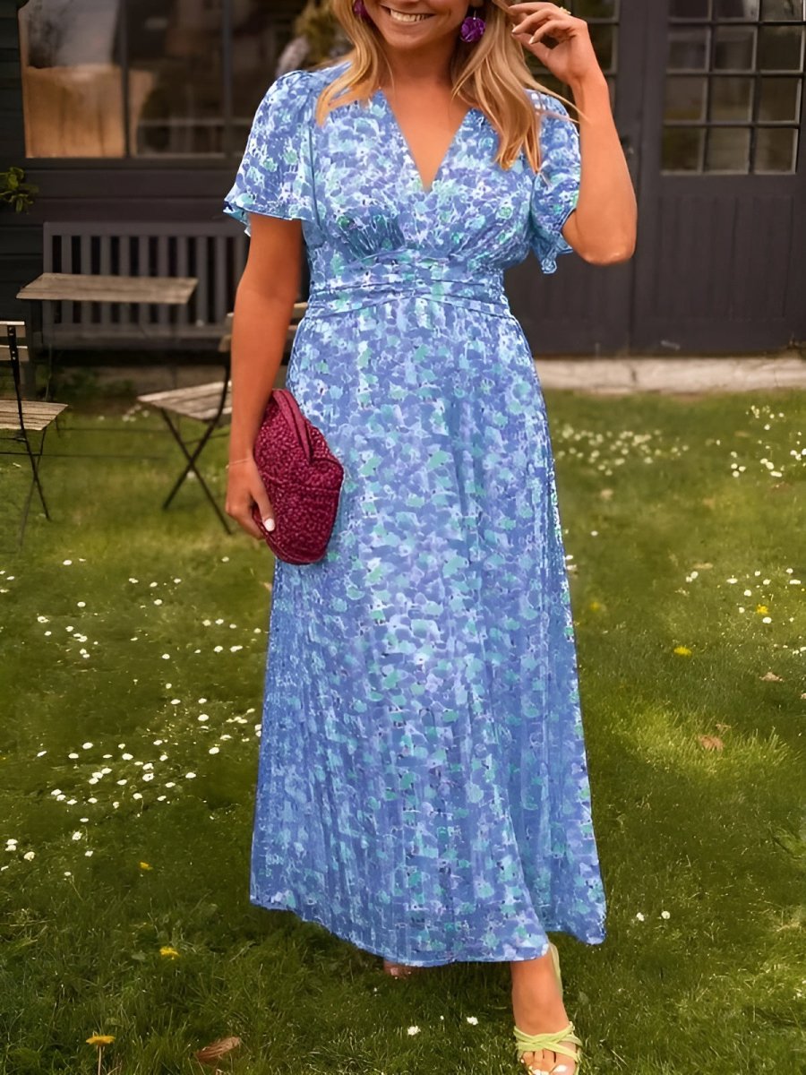 Sampaio – Elegantes Kleid Mit V-Ausschnitt Und Blumen Drucken