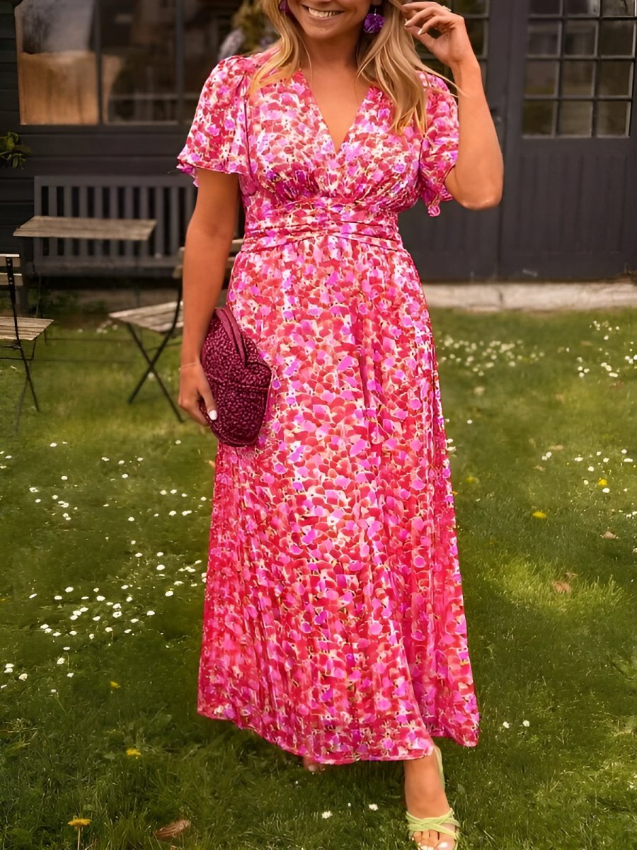 Sampaio – Elegantes Kleid Mit V-Ausschnitt Und Blumen Drucken