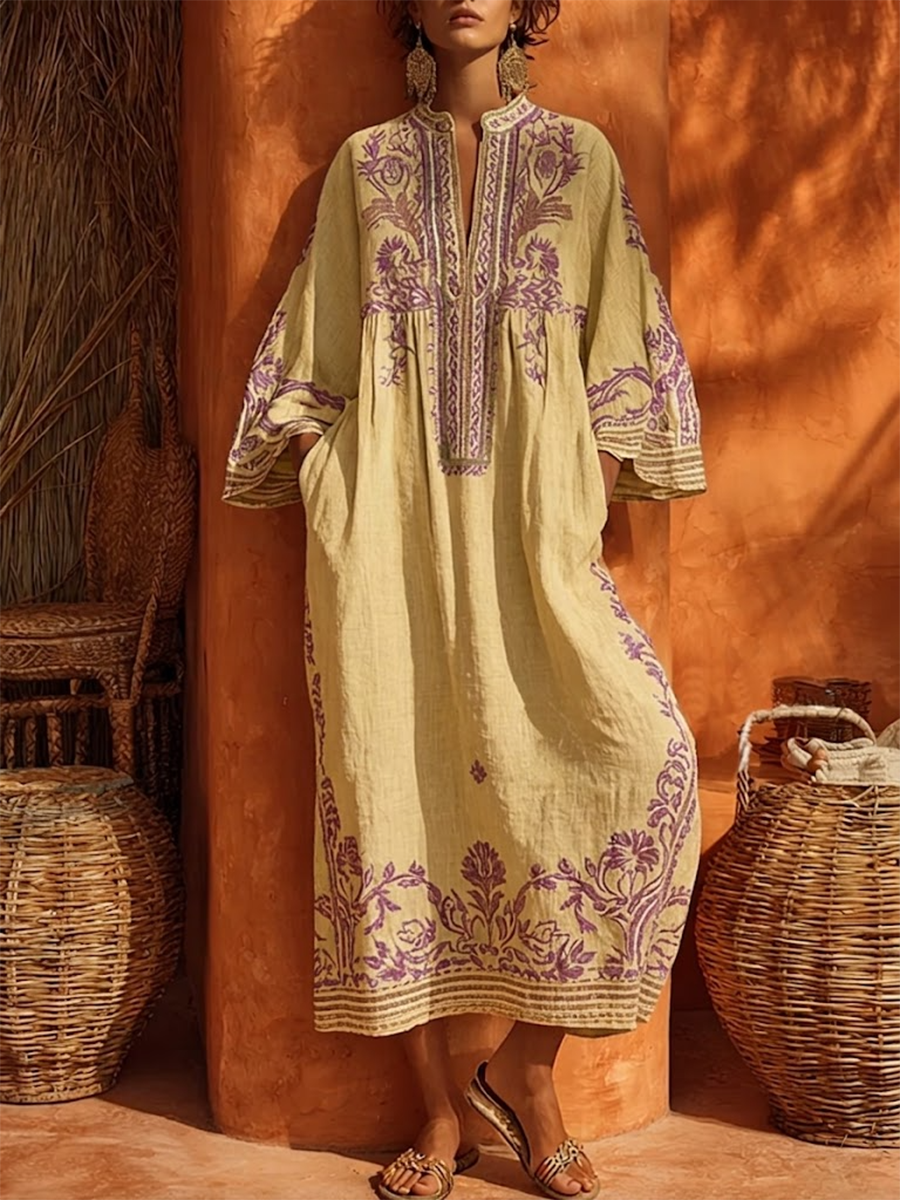 Sariana - Boho-Kleid Mit Stickerei Und V-Ausschnitt