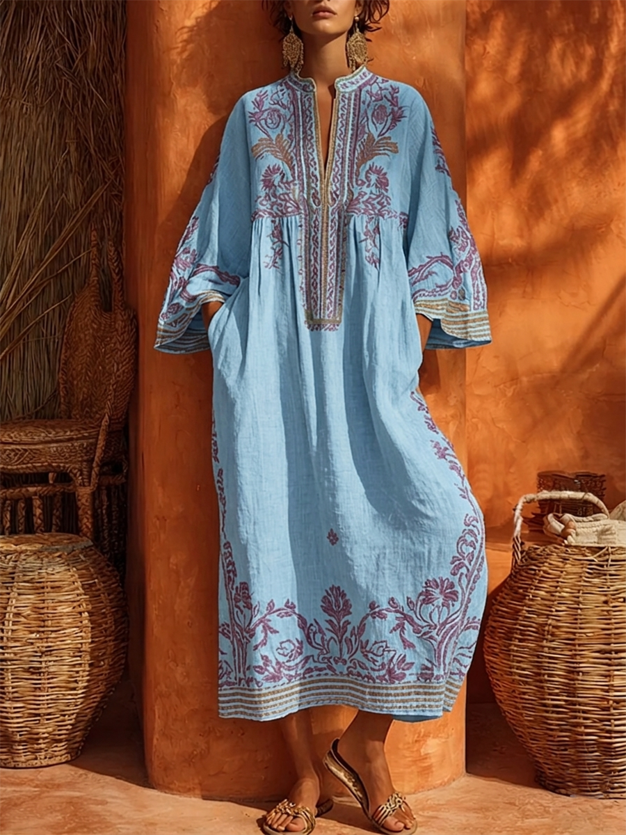 Sariana - Boho-Kleid Mit Stickerei Und V-Ausschnitt