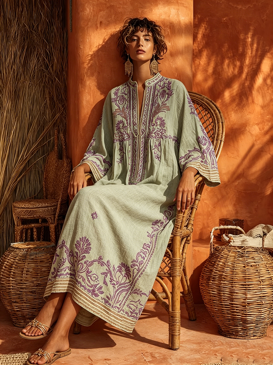 Sariana - Boho-Kleid Mit Stickerei Und V-Ausschnitt
