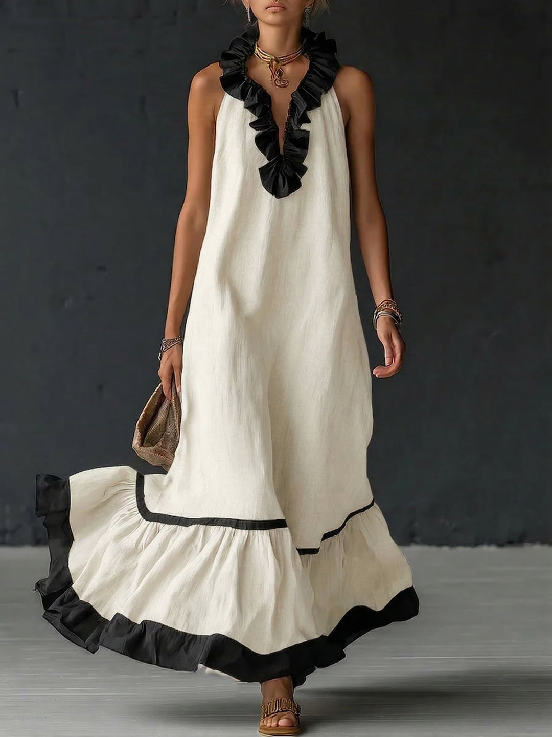 Natja - Rüschenkragen Leinen Maxikleid