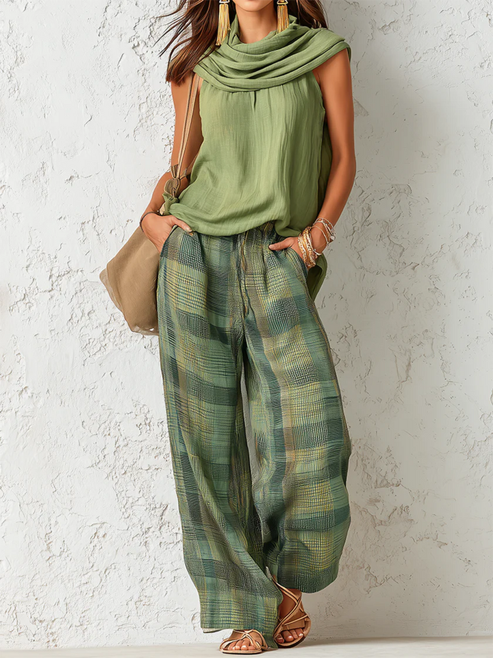 Nidya - Set aus ärmellosem Sage Breeze Top und karierten Weithosen