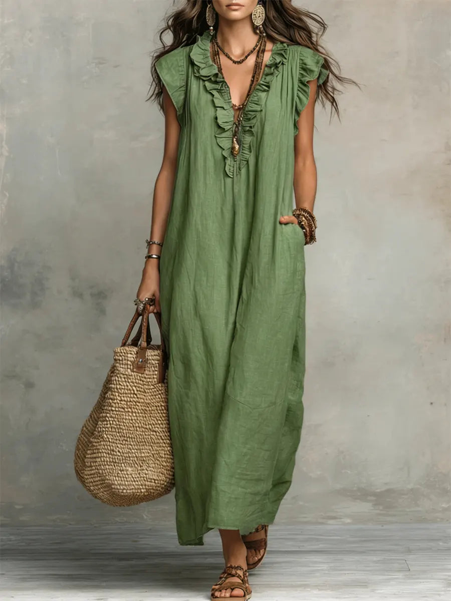 Uanavi - Langes Kleid Im Bohemian Stil Aus Leinen