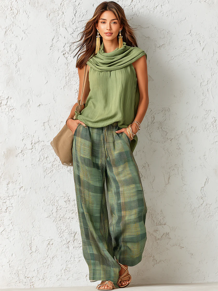 Nidya - Set aus ärmellosem Sage Breeze Top und karierten Weithosen