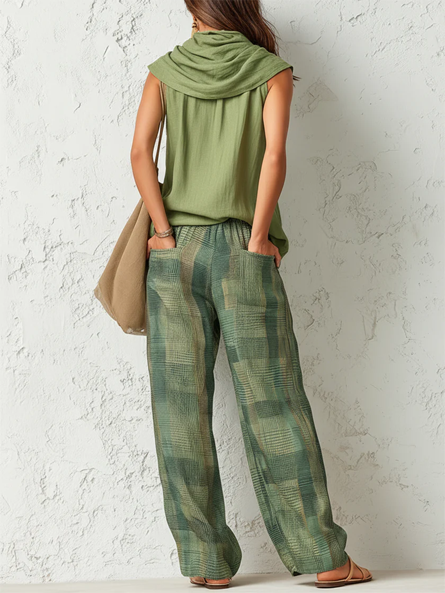 Nidya - Set aus ärmellosem Sage Breeze Top und karierten Weithosen