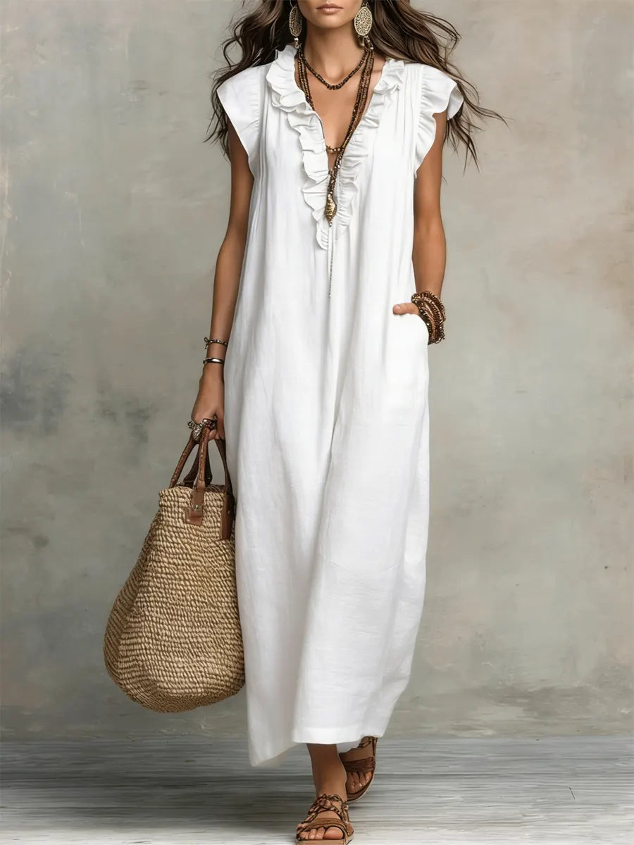 Uanavi - Langes Kleid Im Bohemian Stil Aus Leinen