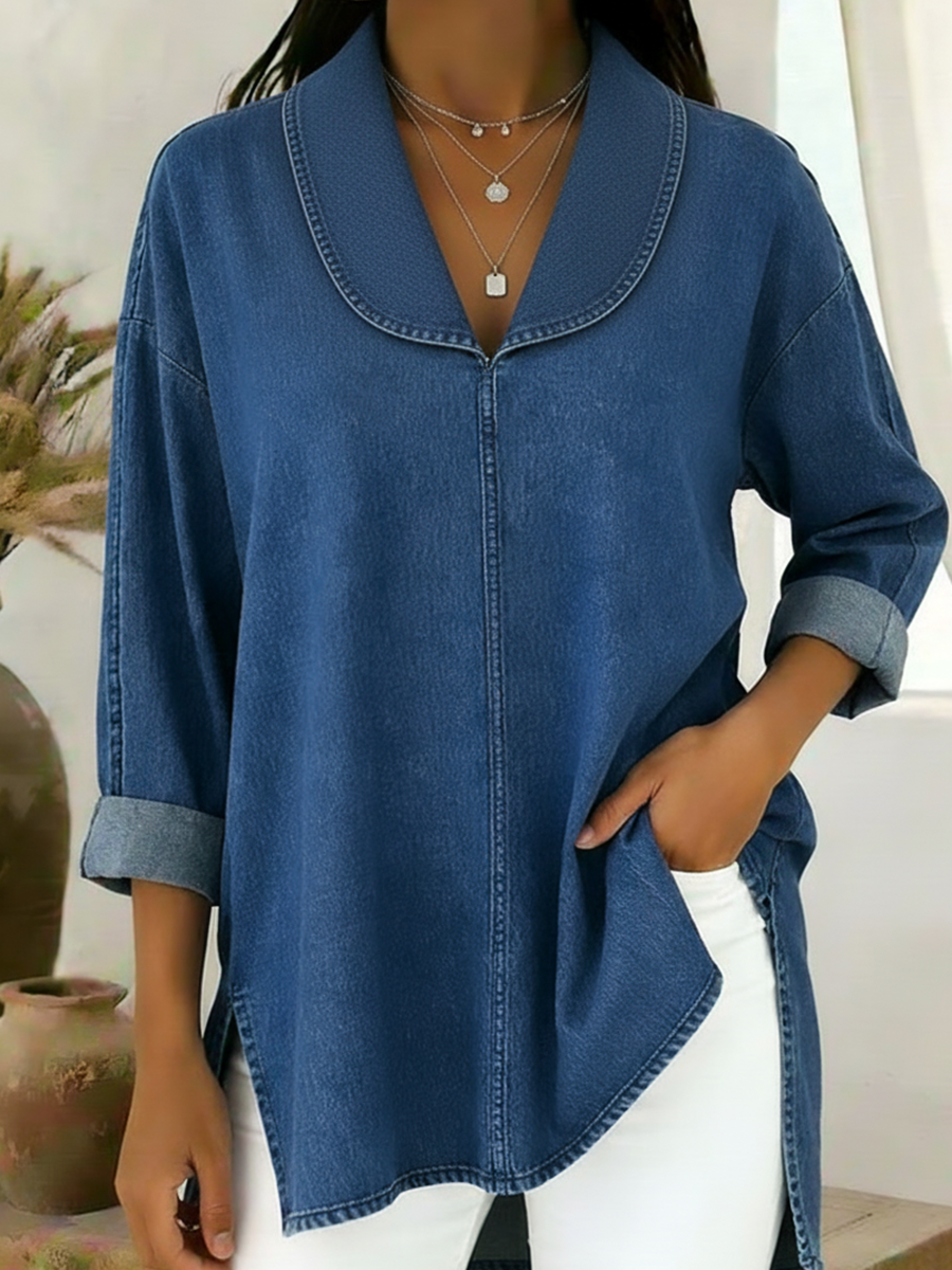 Gaetanaa – Retro Jeans Bluse Mit Schalkragen