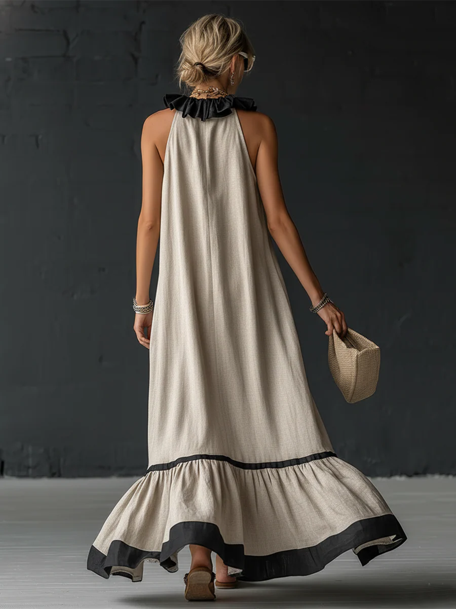 Natja - Rüschenkragen Leinen Maxikleid