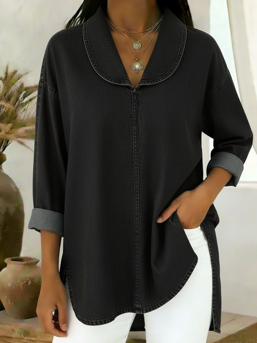 Gaetanaa – Retro Jeans Bluse Mit Schalkragen