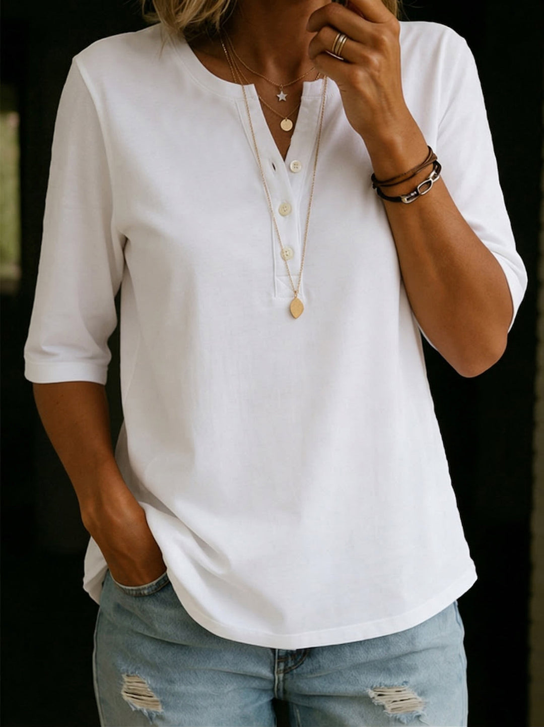 Hildah - Stylisches Henley Hemd Mit Knopfleiste