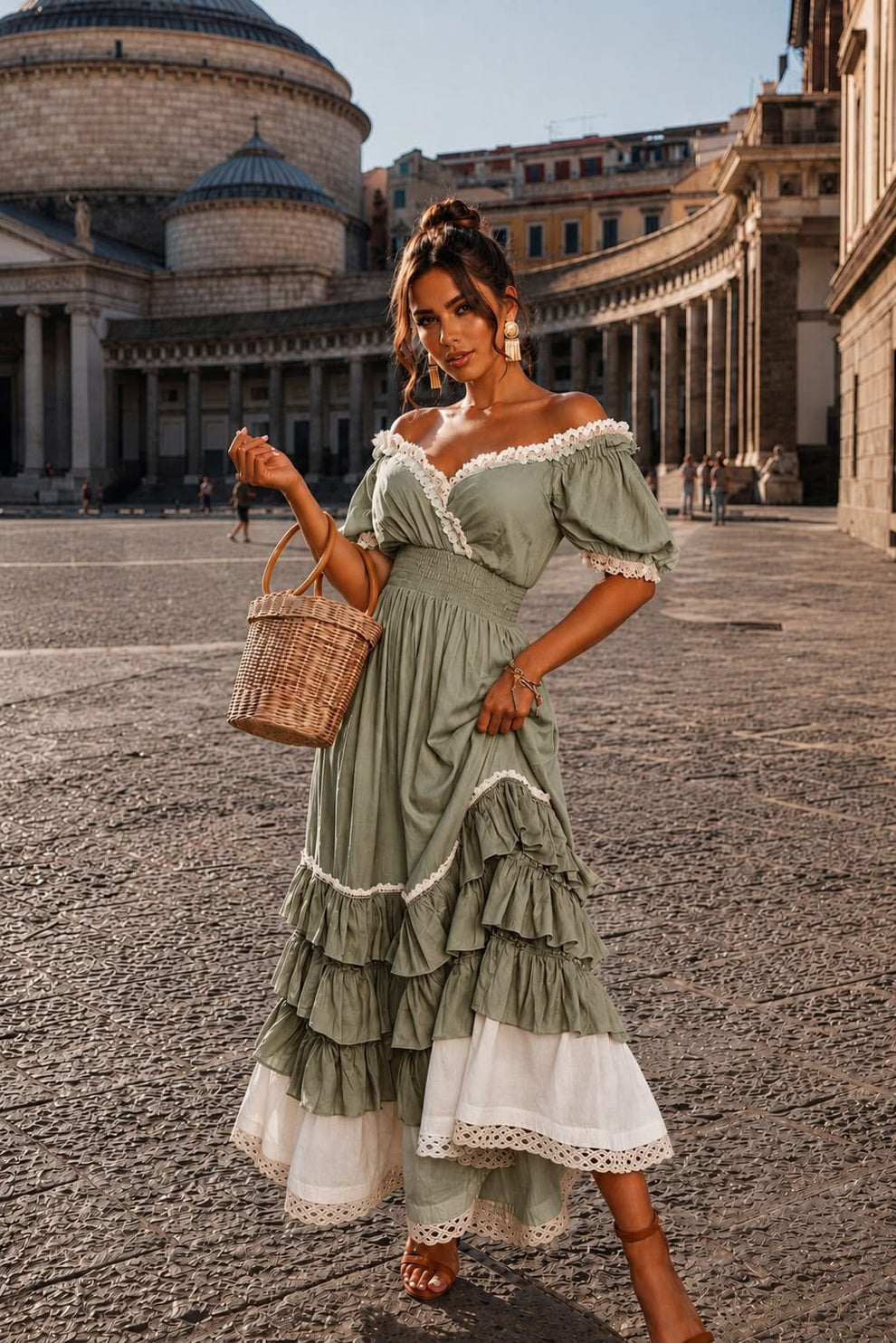 Naeun - Schulterfreies Maxikleid Mit Rüschen Und Spitzenbesatz