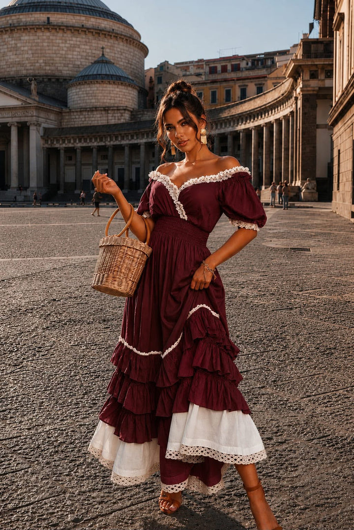 Naeun - Schulterfreies Maxikleid Mit Rüschen Und Spitzenbesatz