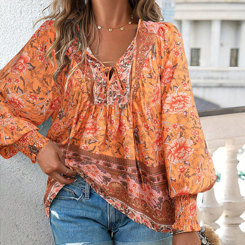Katia - Modisches Bedrucktes Langarm Shirt Mit V-Ausschnitt