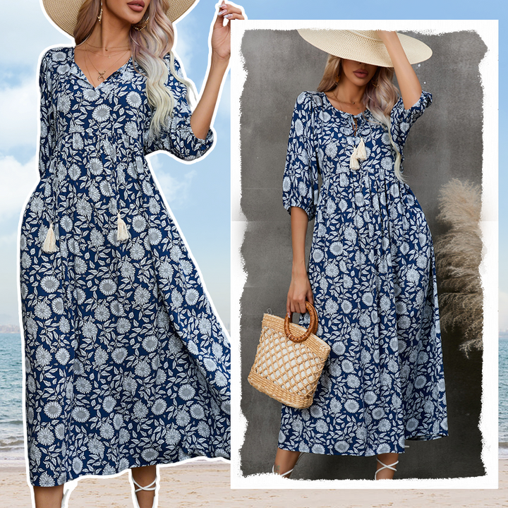 Quelina – Elegantes Langes Kleid mit V-Ausschnitt und Blumenmuster