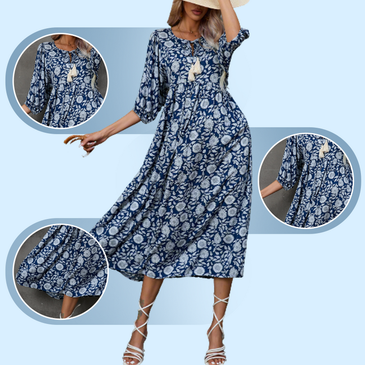Quelina – Elegantes Langes Kleid mit V-Ausschnitt und Blumenmuster
