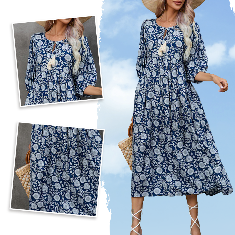 Quelina – Elegantes Langes Kleid mit V-Ausschnitt und Blumenmuster