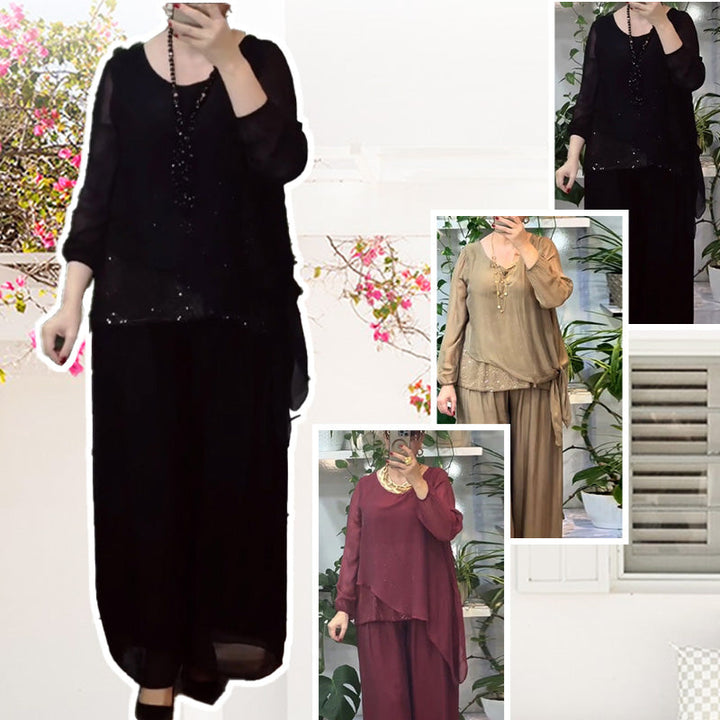Quirinia – Paillettenbluse und Weit Geschnittener Hose Set