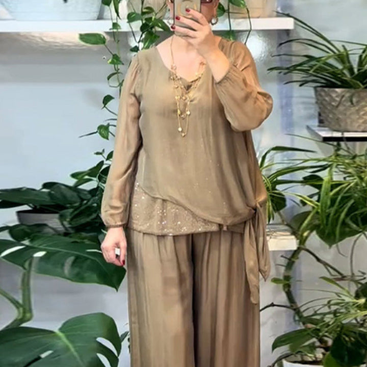 Quirinia – Paillettenbluse und Weit Geschnittener Hose Set