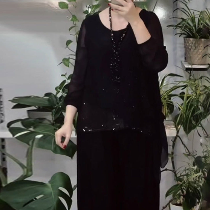 Quirinia – Paillettenbluse und Weit Geschnittener Hose Set