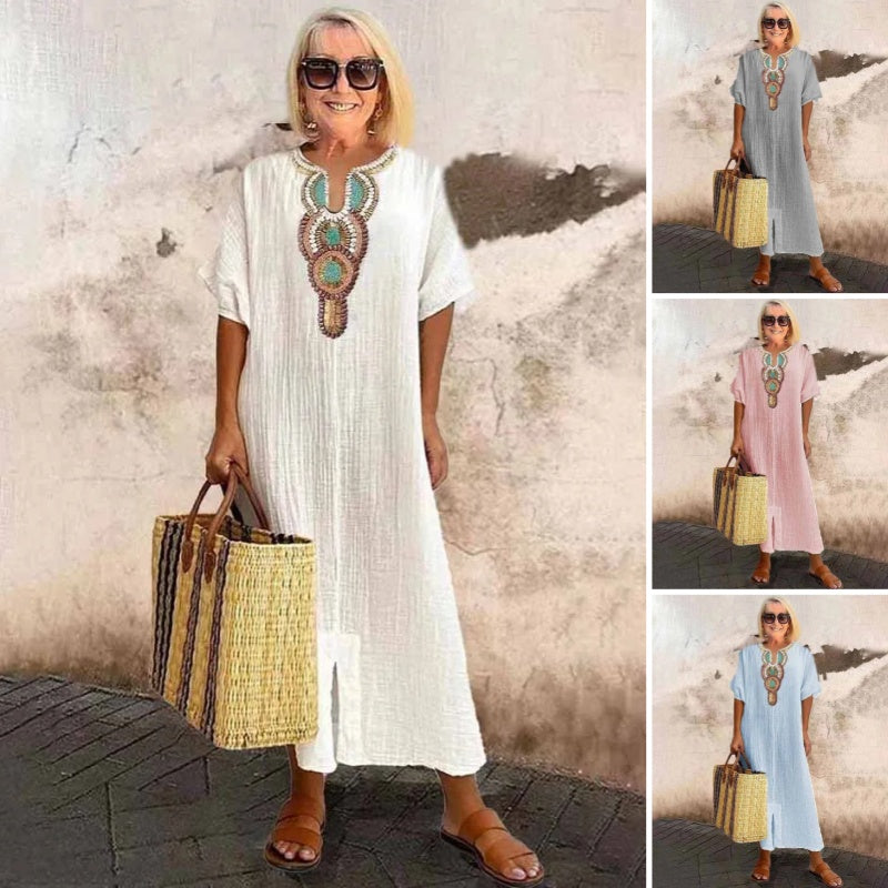 Lioba – Lässiges Leinenkleid Mit Stickerei Und Schlitz