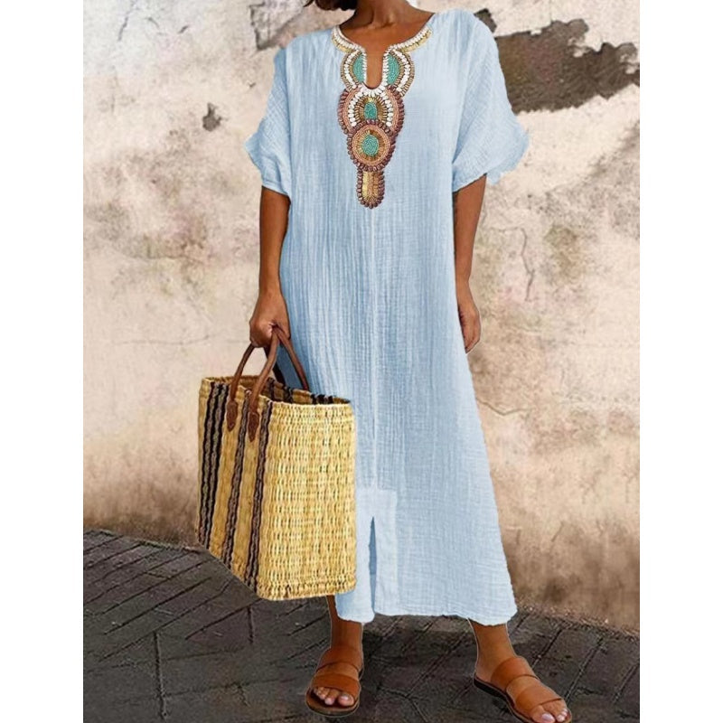 Lioba – Lässiges Leinenkleid Mit Stickerei Und Schlitz