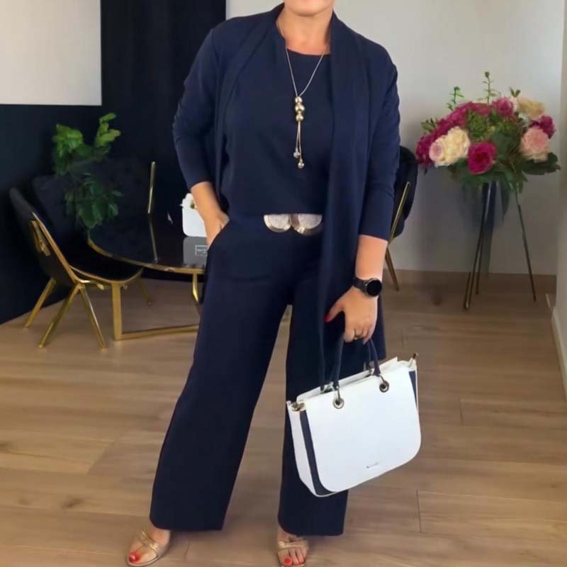 Dorren – Elegantes 3-Teiliges Set Mit Langem Strickjacke, Oberteil Und Hose