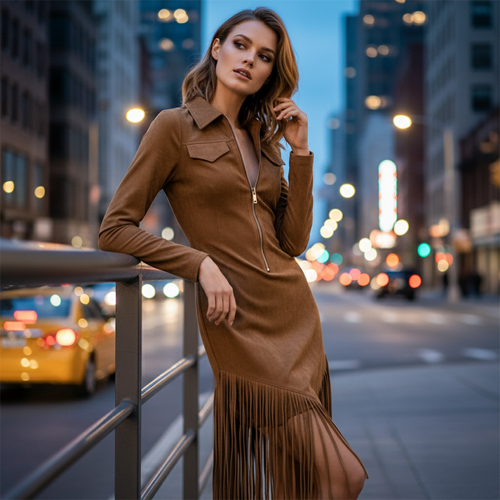 Alira – Midi-kleid MIT Kragen, Fransen Und Reißverschluss Vorne