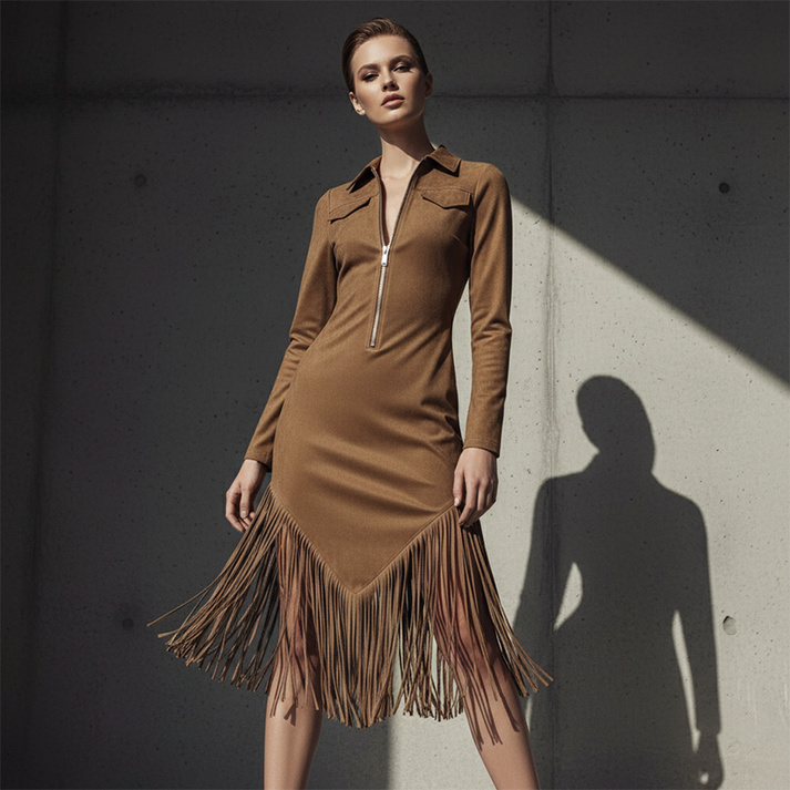 Alira – Midi-kleid MIT Kragen, Fransen Und Reißverschluss Vorne