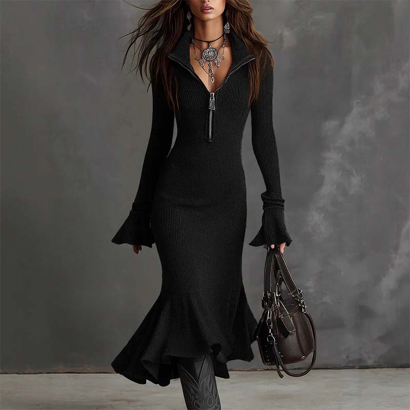 Yafella - Elegantes Strick Kleid Mit Reißverschluss Und Ausgestellten Ärmeln