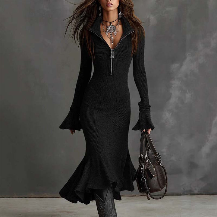 Yafella - Elegantes Strick Kleid Mit Reißverschluss Und Ausgestellten Ärmeln