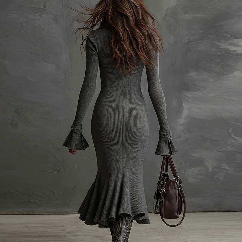 Yafella - Elegantes Strick Kleid Mit Reißverschluss Und Ausgestellten Ärmeln