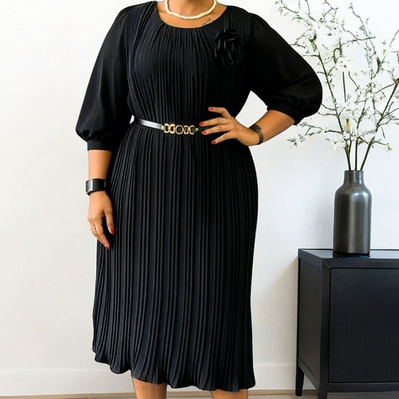 Ingeborga – Plissee Midikleid Mit 3/4-Ärmeln Und Gürtel