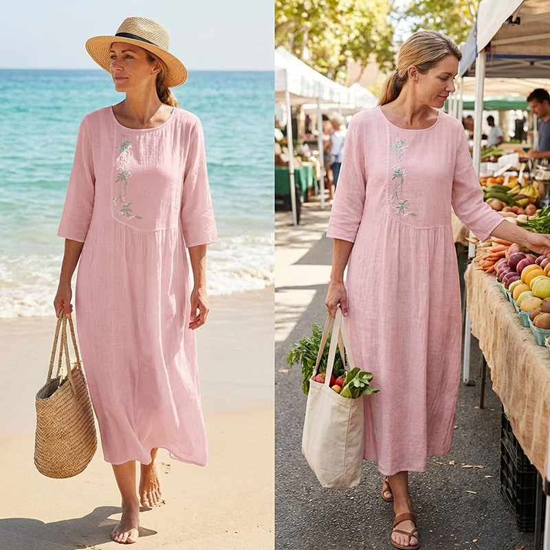 Molaka – Bequemes Besticktes Midikleid Aus Leinen
