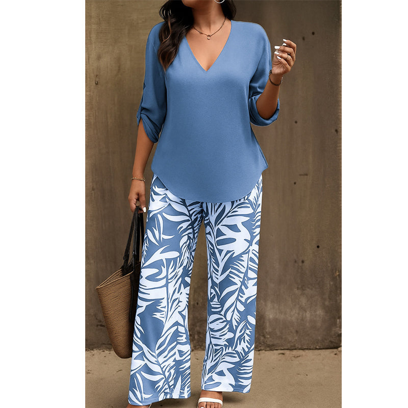 Liwia - Elegantes Sommer-set Mit Einer Bluse MIT V-ausschnitt Und Einer Bedruckten Hose