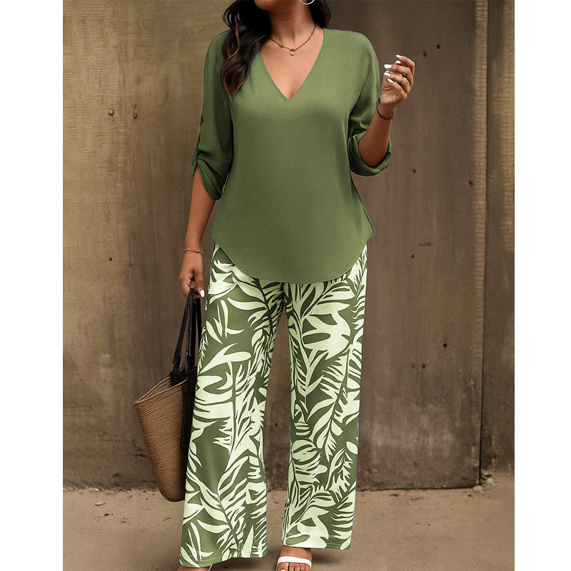 Liwia - Elegantes Sommer-set Mit Einer Bluse MIT V-ausschnitt Und Einer Bedruckten Hose