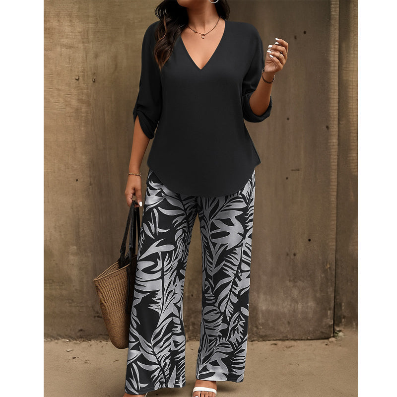 Liwia - Elegantes Sommer-set Mit Einer Bluse MIT V-ausschnitt Und Einer Bedruckten Hose