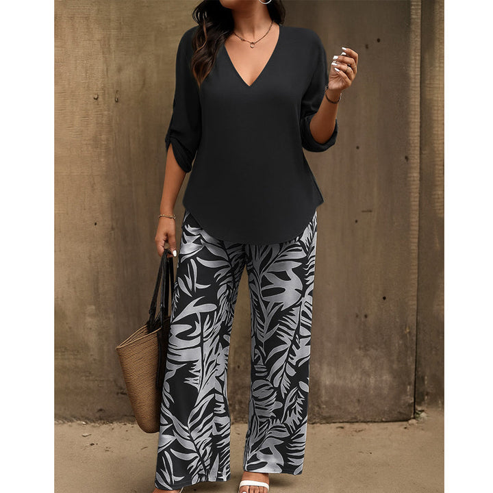 Liwia - Elegantes Sommer-set Mit Einer Bluse MIT V-ausschnitt Und Einer Bedruckten Hose