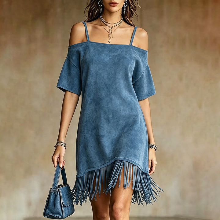Lewina – Schulterfreies Riemchen Kleid Mit Fransen