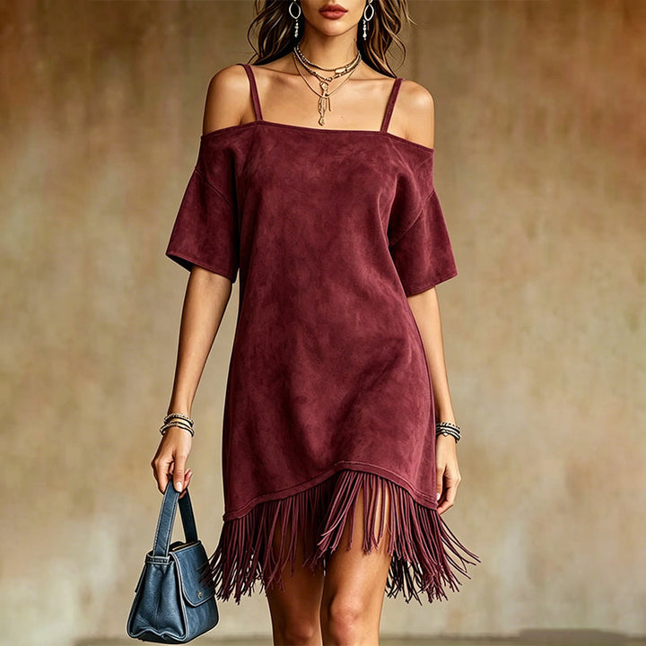 Lewina – Schulterfreies Riemchen Kleid Mit Fransen
