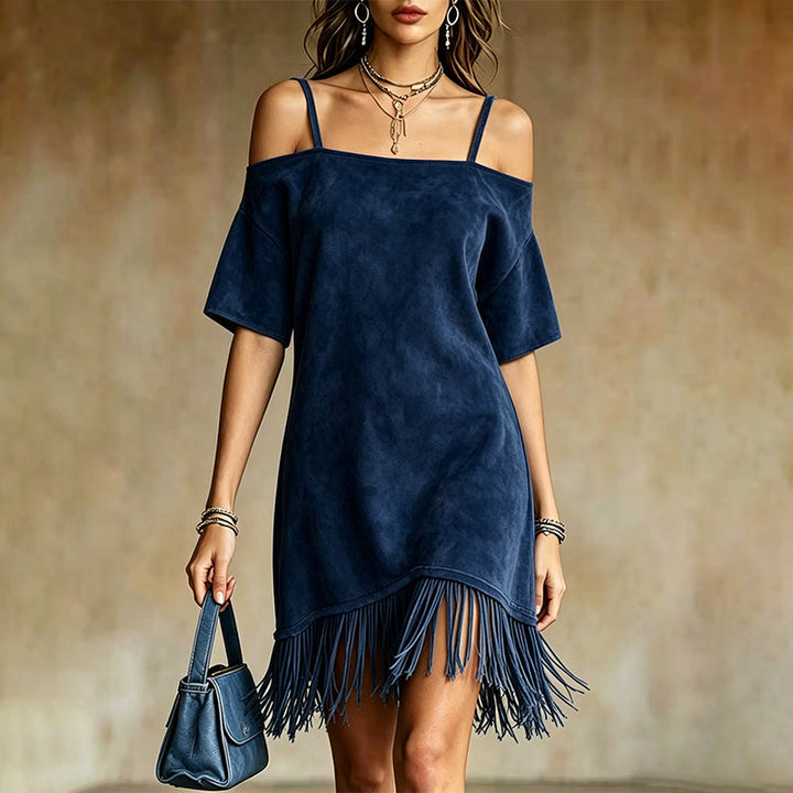 Lewina – Schulterfreies Riemchen Kleid Mit Fransen