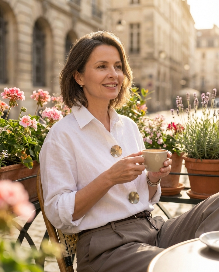 Shalani - Elegante Bluse Aus Leinen Und Baumwolle Mit Metallknöpfen