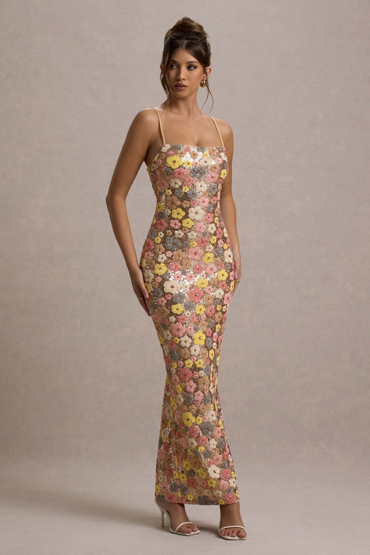 Lolita – Maxikleid mit Spaghettiträgern und Blumen-Paillettenmuster