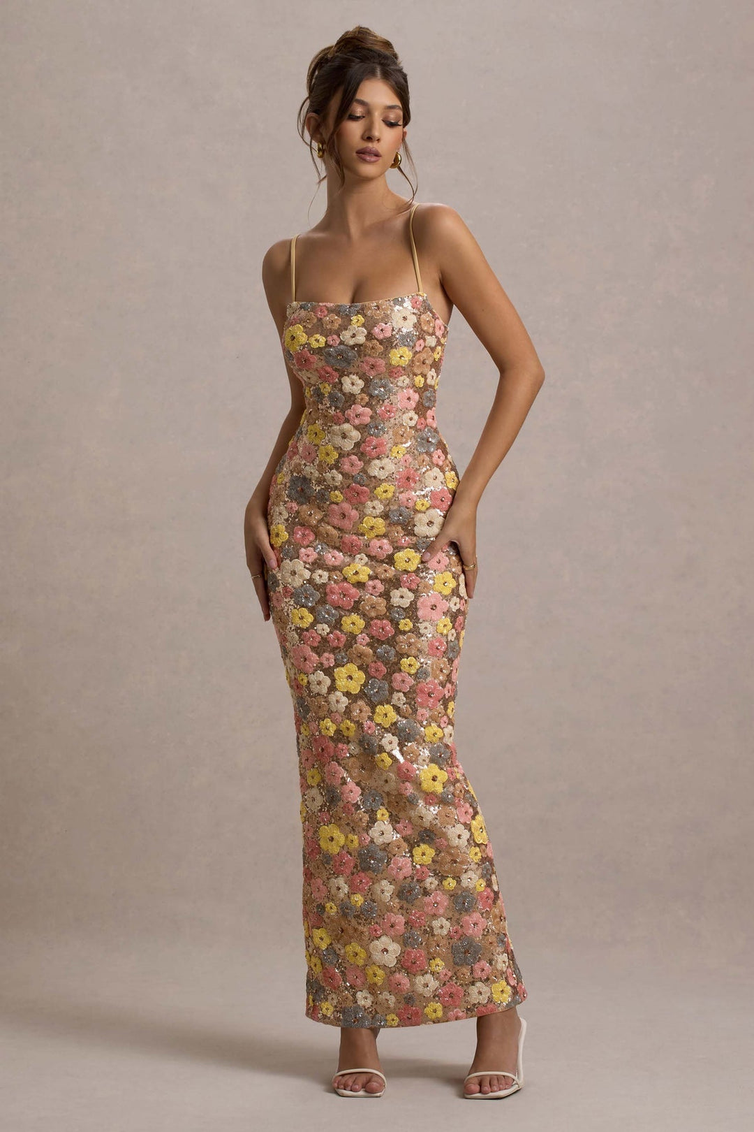 Lolita – Maxikleid mit Spaghettiträgern und Blumen-Paillettenmuster