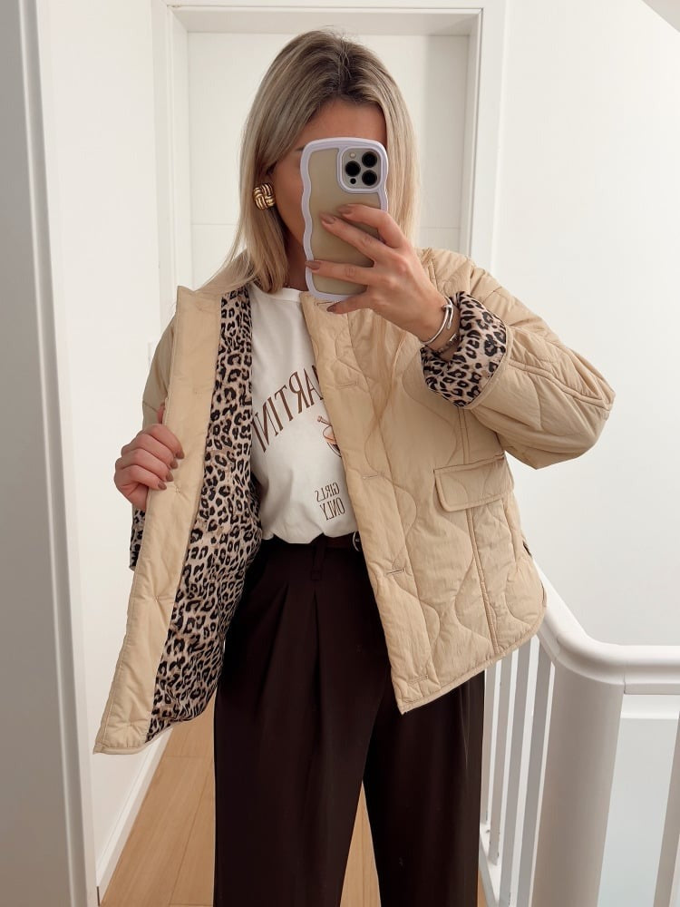 Jaerene – Elegante Jacke Mit Leoparden Muster Und Futter