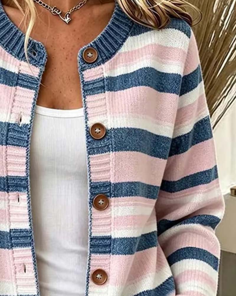 Christelle - Gestreifter Cardigan Mit Rundhalsausschnitt und Einreihigem Verschluss